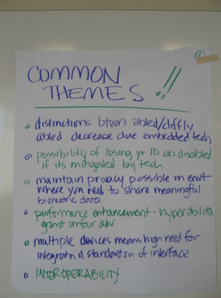 Image of list made from group discussions. 1. Distinctions between abled and diiffy abled decrease due to embedded technology 2. Possibility or losing yr ID on disabled if its mitigated by tech 3. Maintain privacy possible in event where you need to share meaningful biometric data.  4. Performance enhancement - hyperabilities grant unfair advantage 5. Multiple devices means high need for integration and standardization of interface 6. Interoperability
